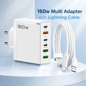 160W Super Fast Multi-Adapter: Ultimate GaN Charger with 6 Ports & Lightning Cable