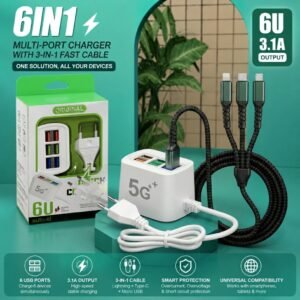 6-in-1 Charging Solution: 6U Multi-Port Charger with 3-in-1 Fast Cable